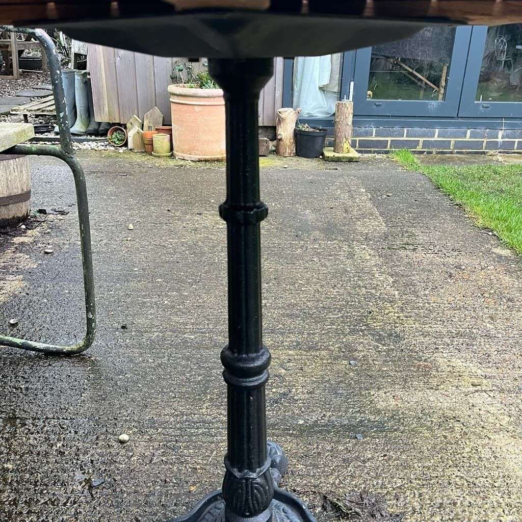 Teak Slatted Top Garden Table Black Wrought Iron Ornate Iron Base