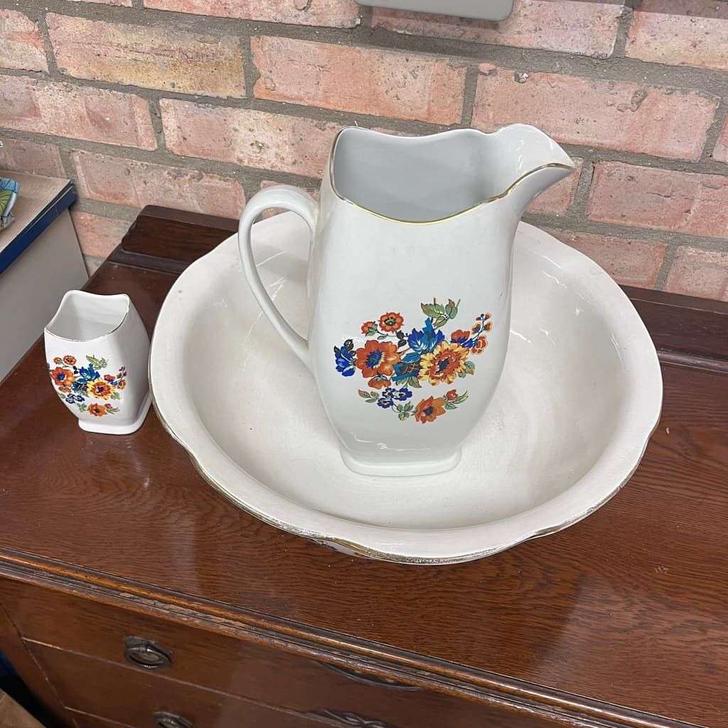 Vintage Rubian Art Pottery Jug Bowl & Pot Orange Floral Design