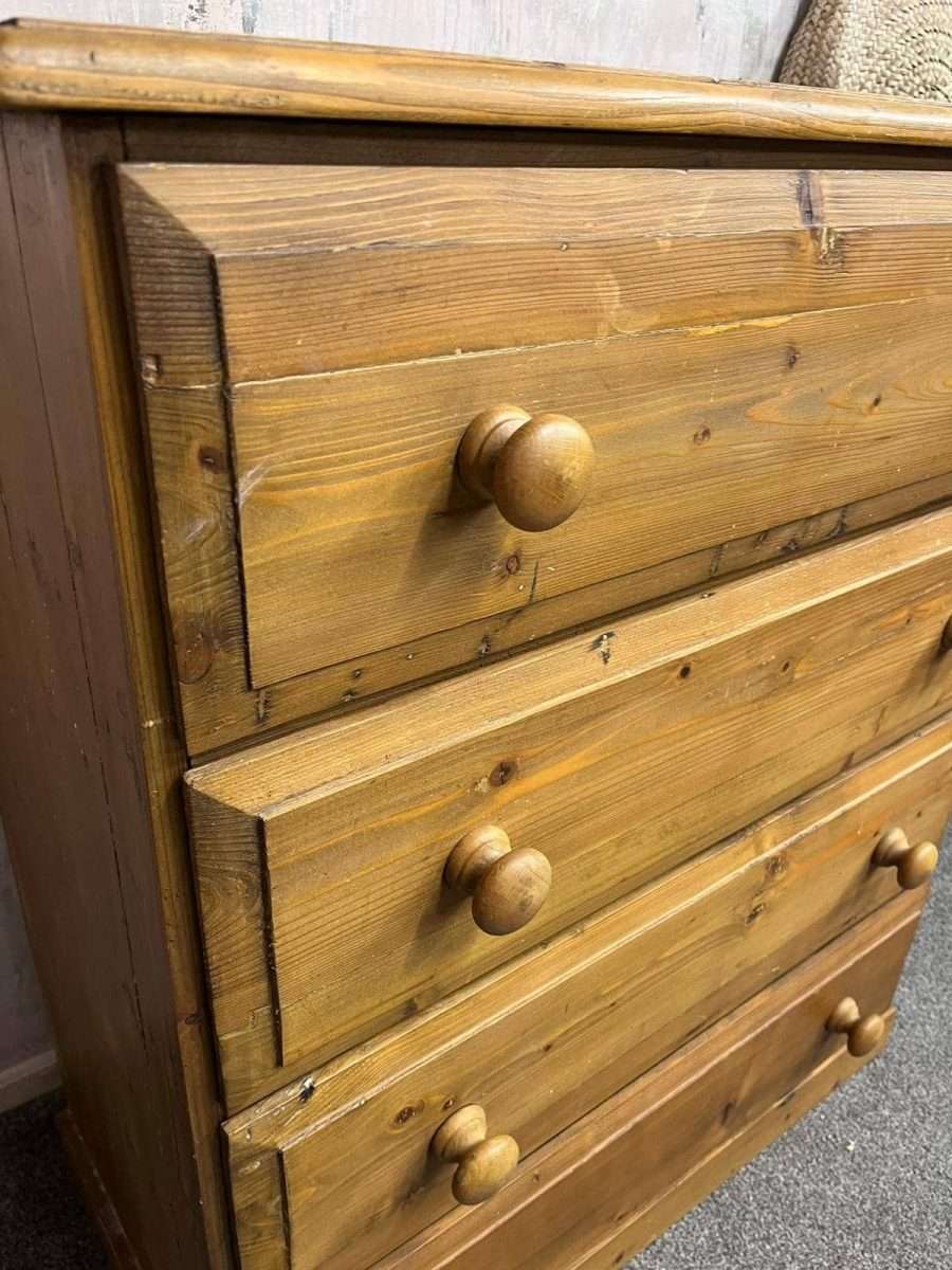 Vintage Pine Chest of 4 Deep Drawers Knob Handles Sturdy
