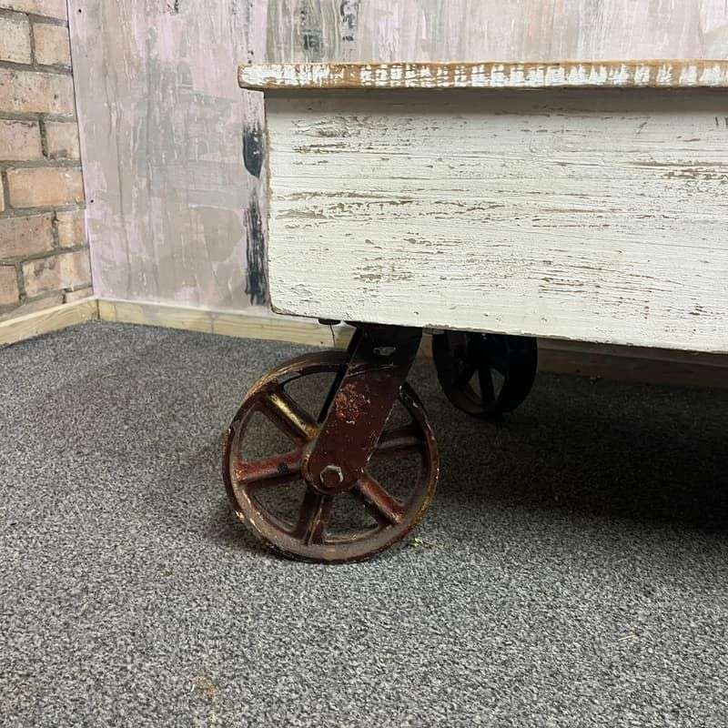Vintage French Style Wooden Coffee Table Metal Industrial Wheels Painted White