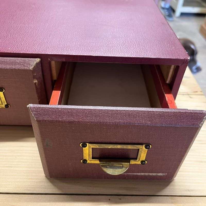 Vintage Run Of 6 Red Filing Drawers Brass Pull Handles Label Holders Patina