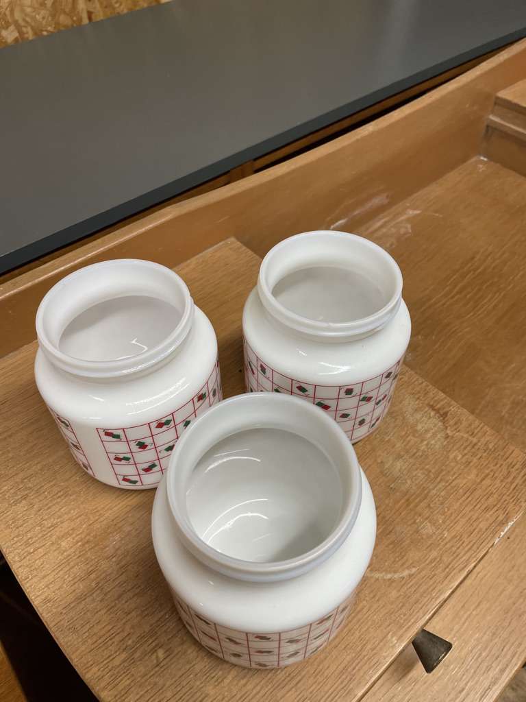 3x Vintage Arcopal Retro Geometric Milk Glass Storage Jars Red Lids