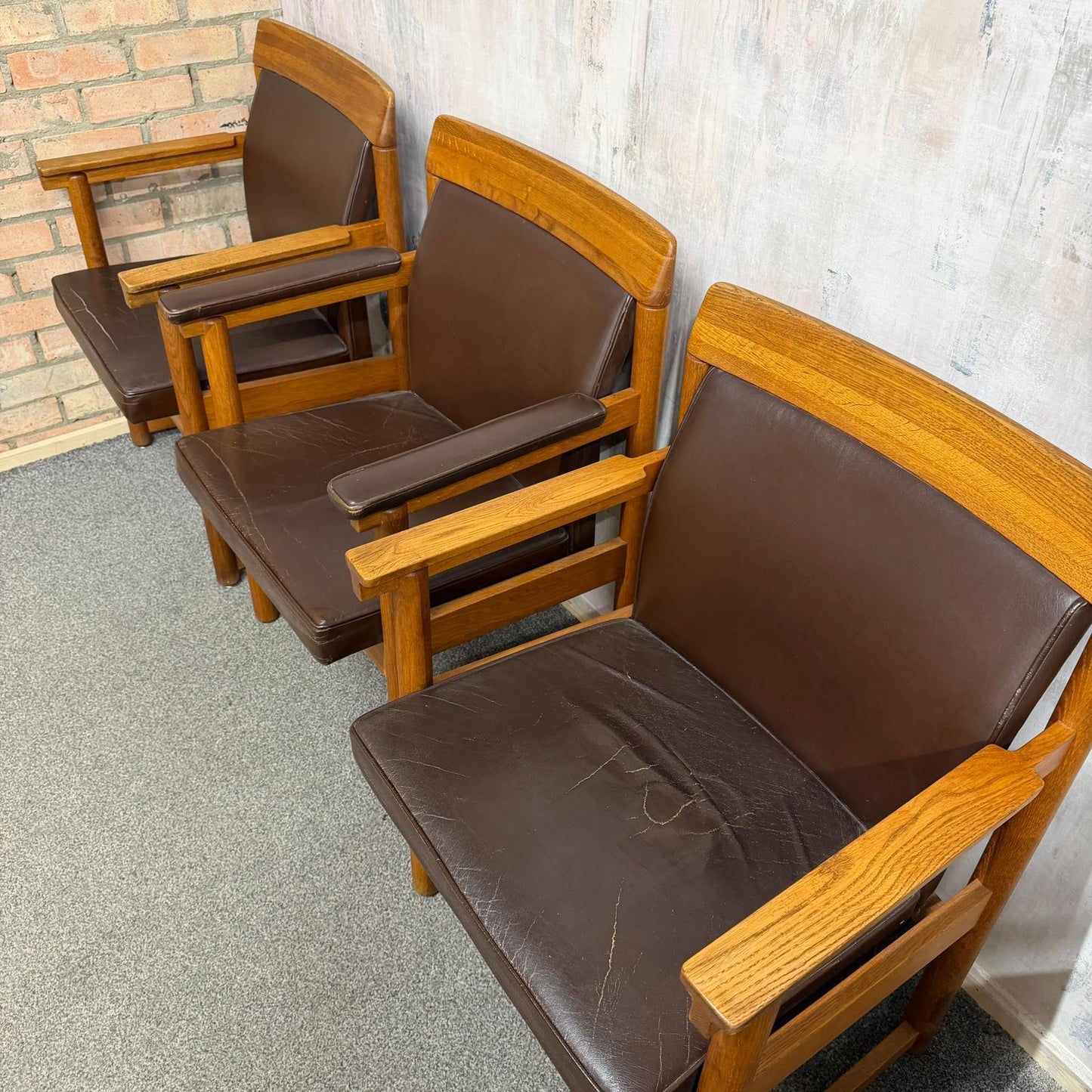 Set 3 Ferd. Lundquist 1970’s Mid Century Swedish Oak and Faux Leather Armchairs