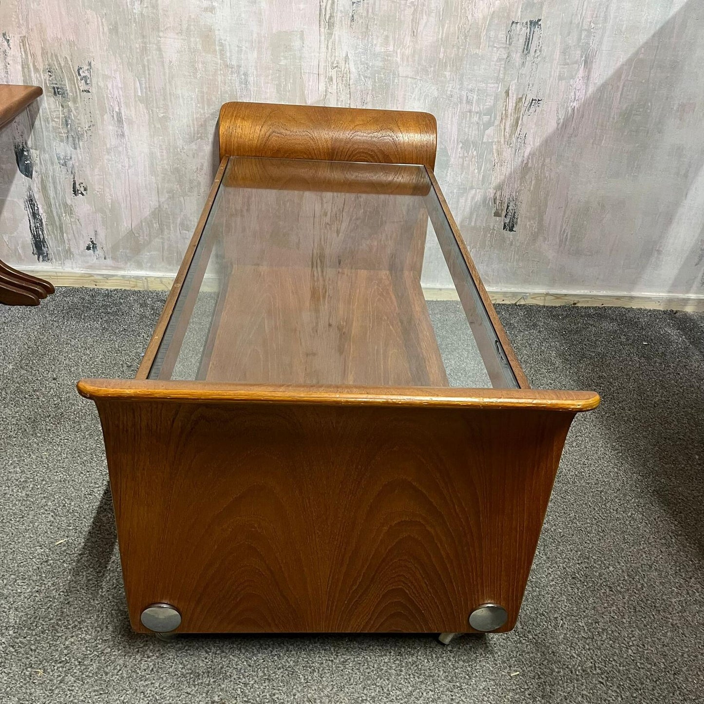 G Plan Tulip Coffee Table Mid Century Retro Teak Base Glazed Shelf Castors