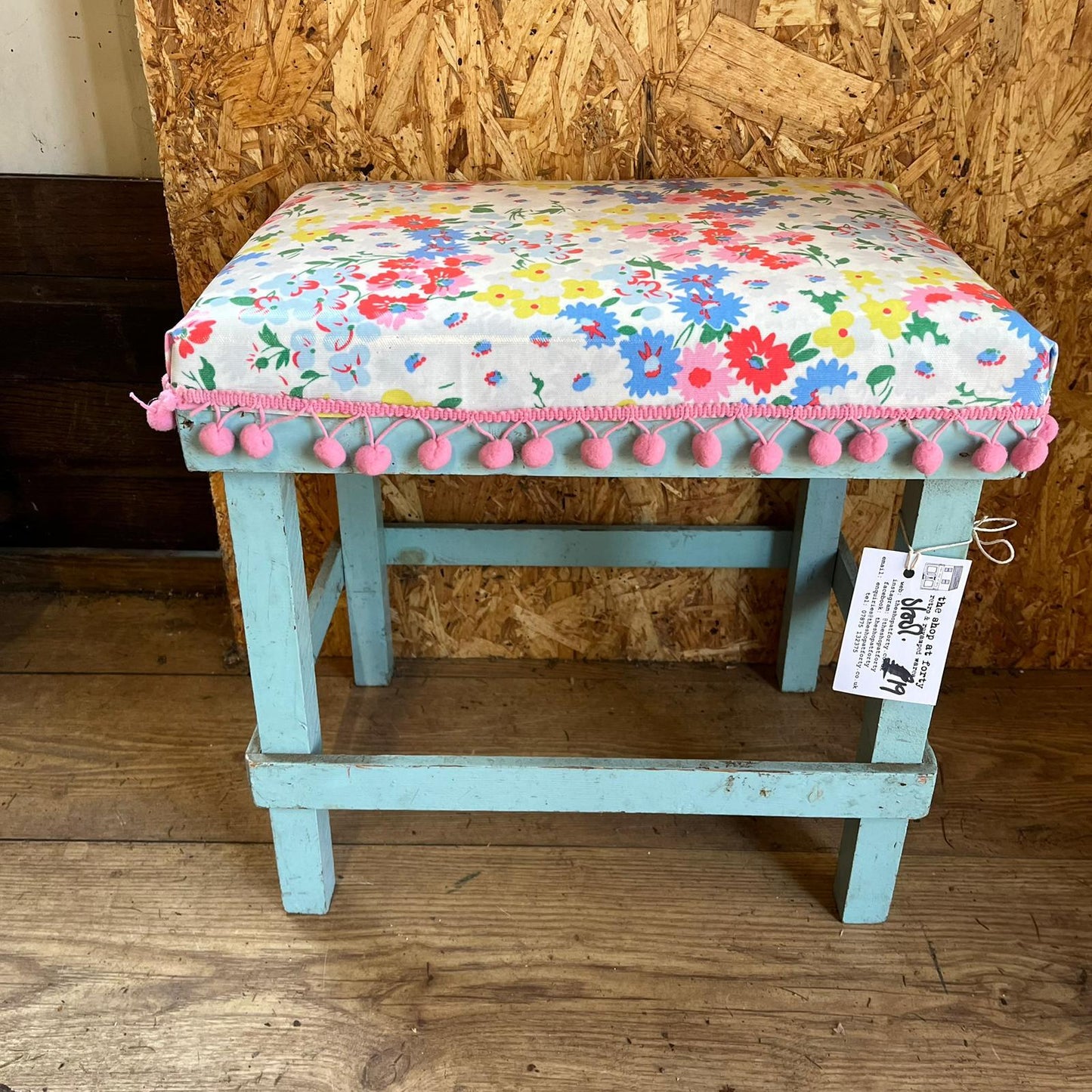 Vintage Homemade Wooden Stool Cath Kidston Oilcloth Pink Trim