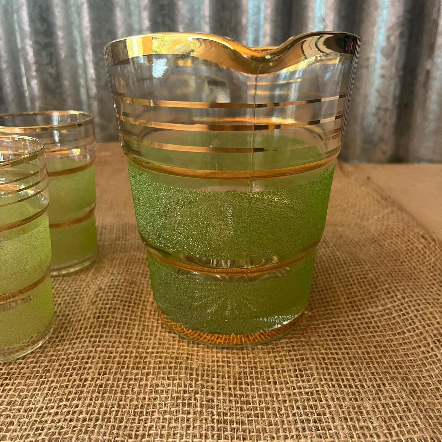 Vintage Italian? Glass Jug & 6 Glasses Green Frosted Gold Stripes