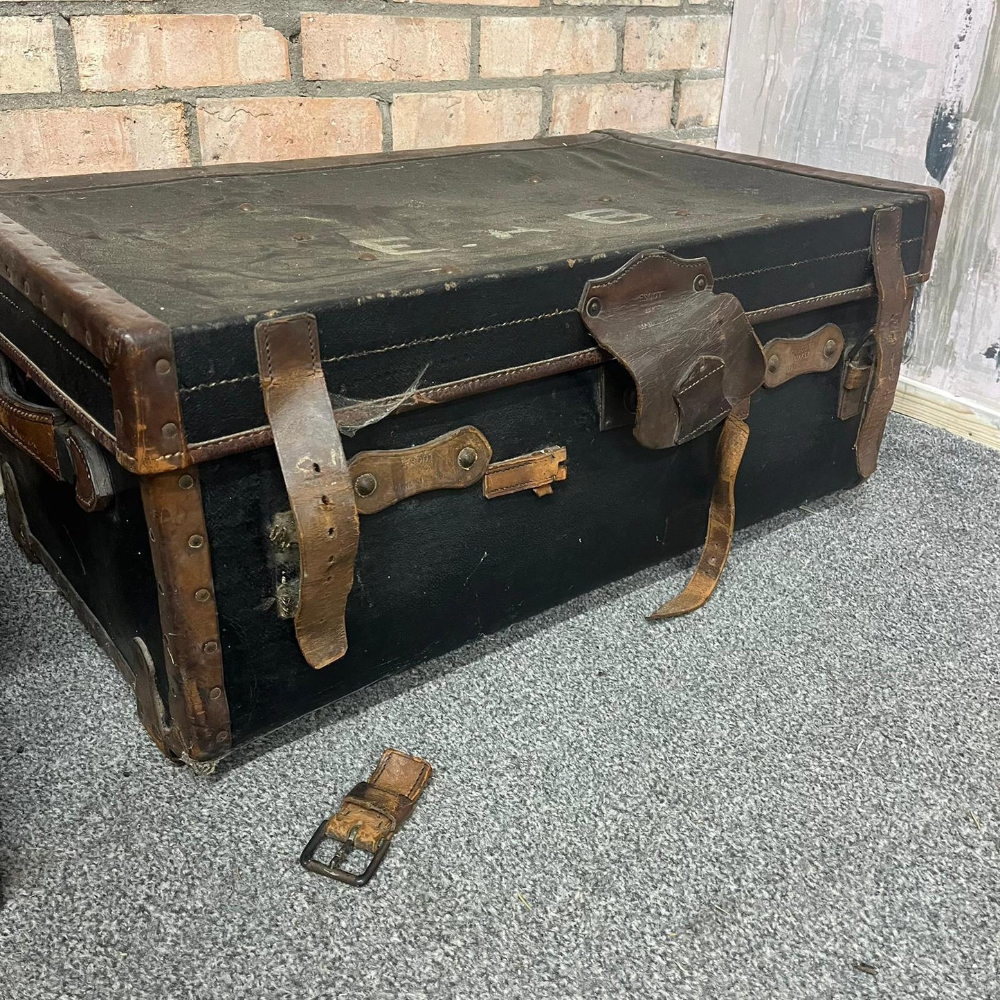 Vintage Leather Travel Trunk Black Carcass Brown Leather Straps and Handles
