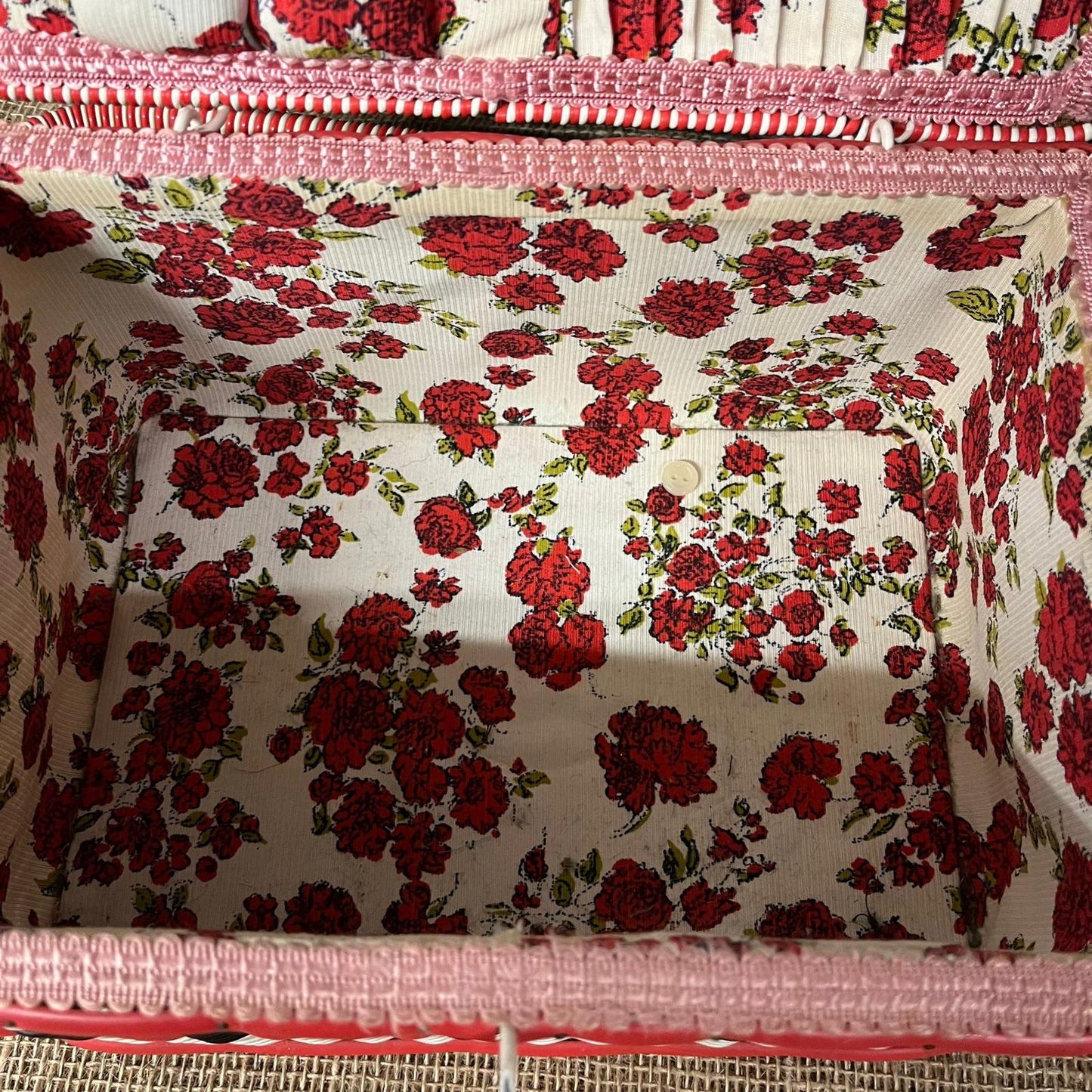Vintage Sewing Basket Cream Red & Black Rose Fabric Lined With Handle