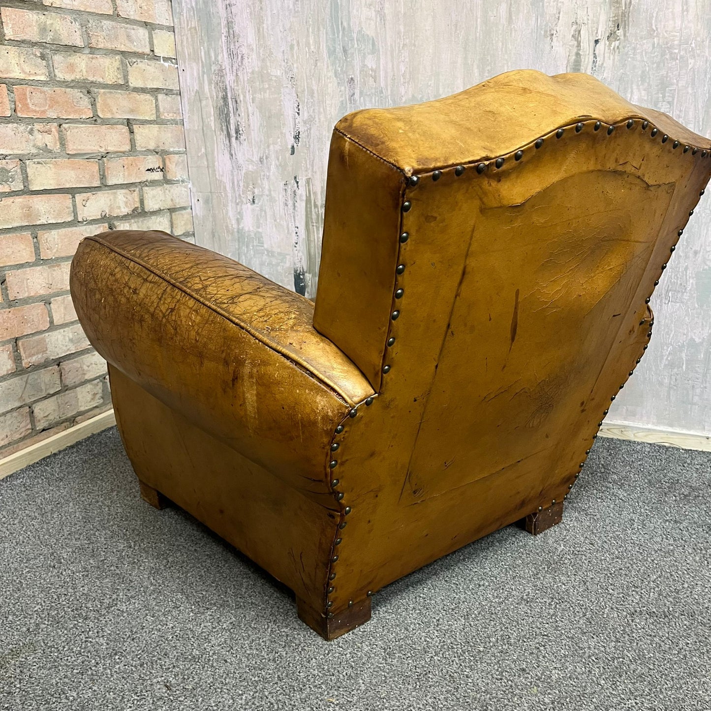 Vintage Rustic Tan Leather Low Armchair Great Patina Studded Back