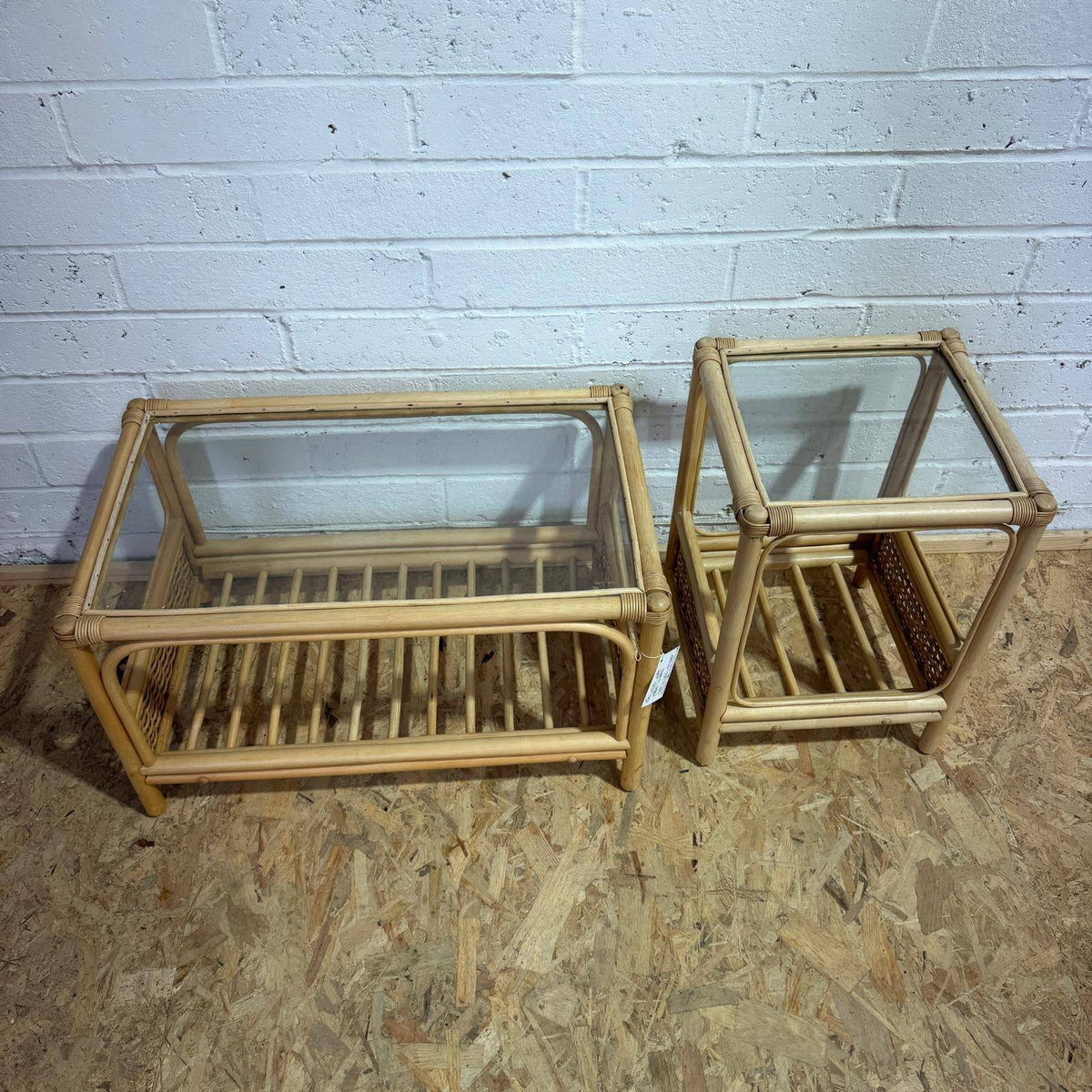 Pair Rustic Bamboo Glass Topped Tables Coffee Table Side Table Shelves Under