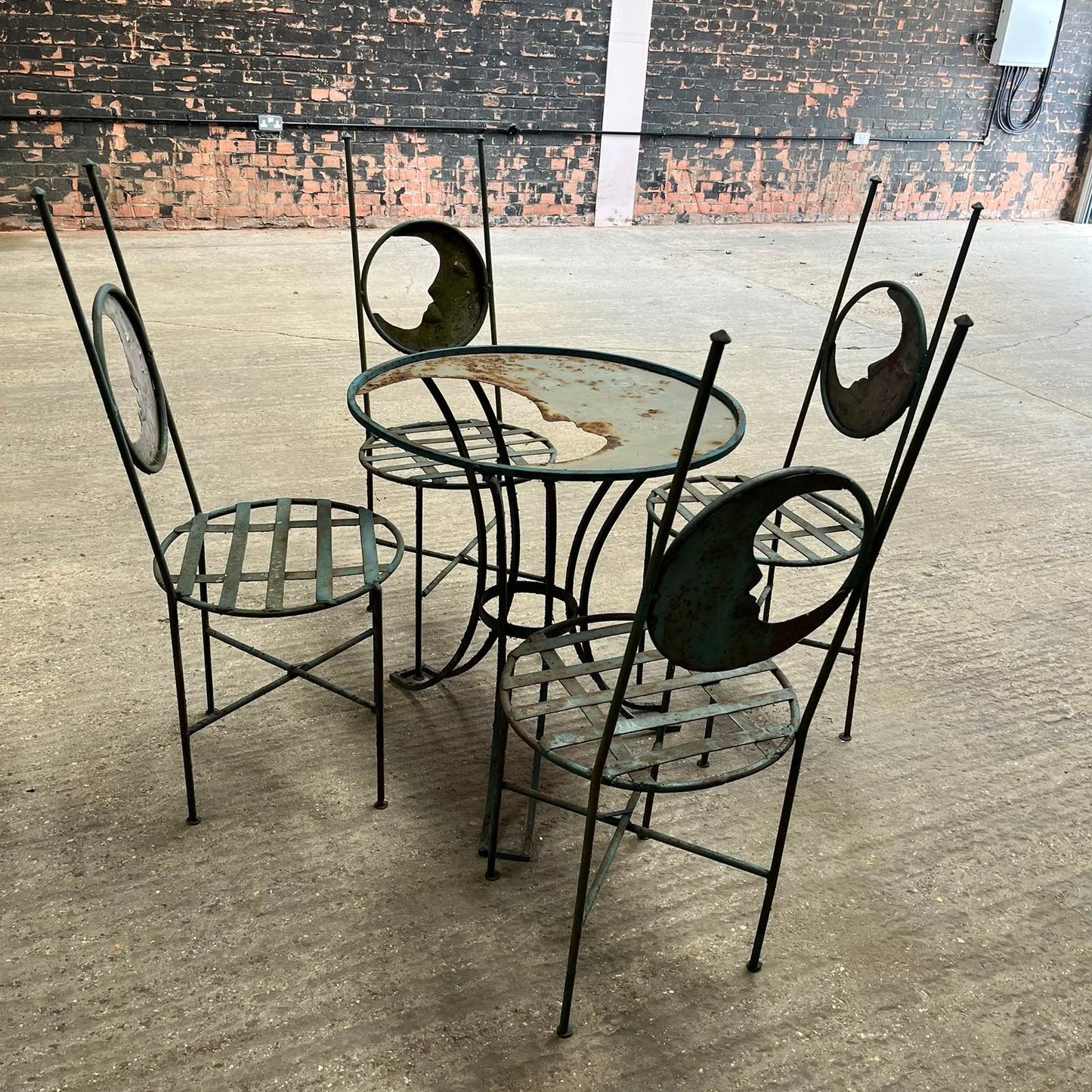 Metal Circular Garden Table & 4 Chairs With Moon Design Green Rust Great Patina