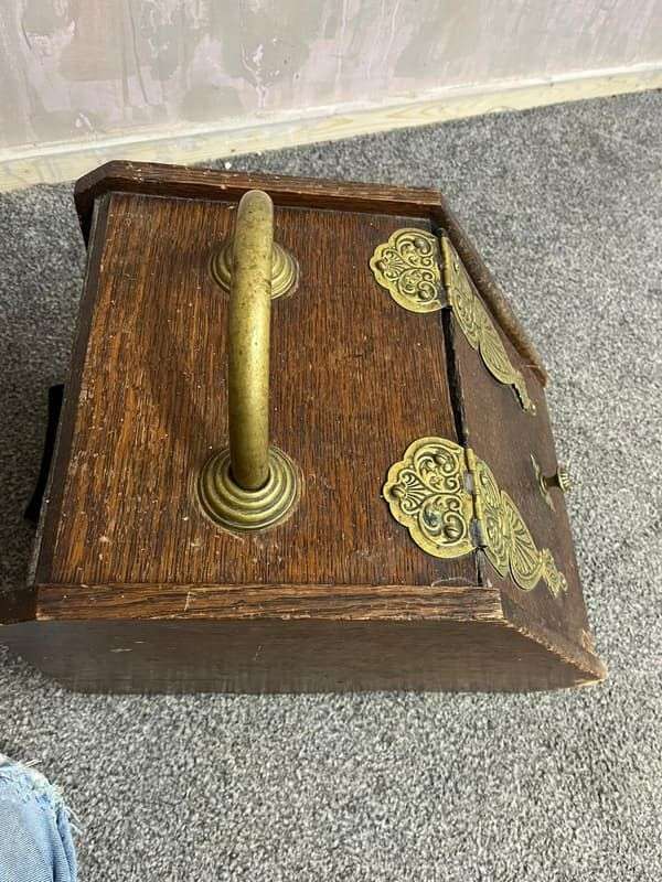 Vintage Wood & Brass Coal Scuttle Handle Lift Up Lid Ornate