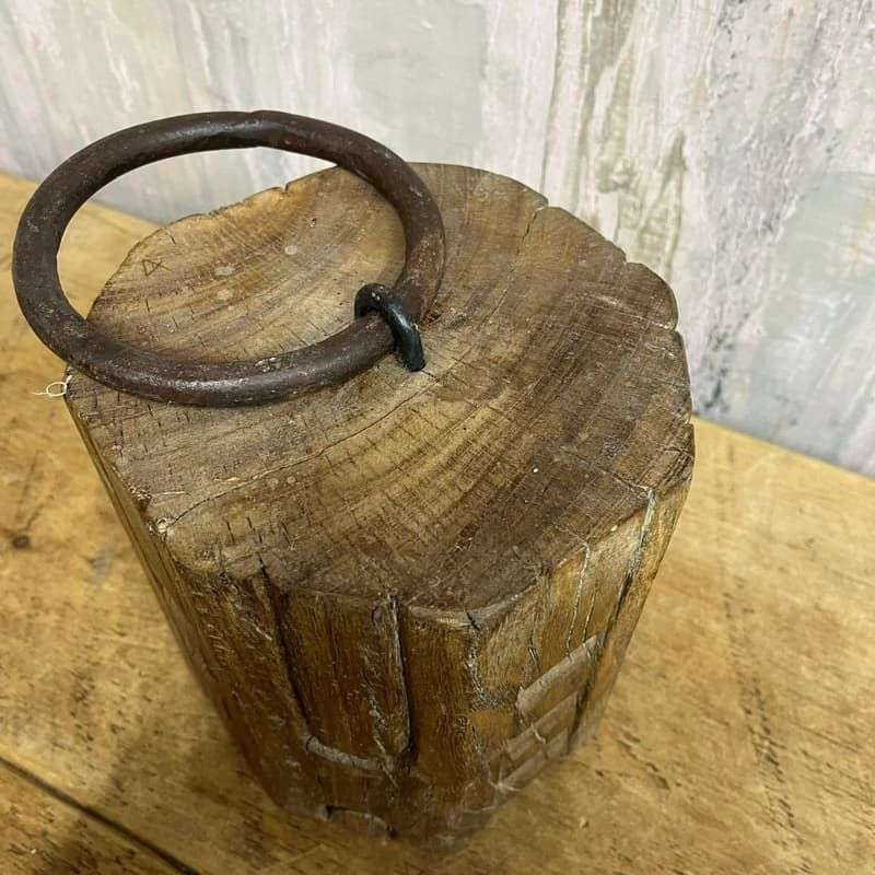 Carved Octagonal Wooden Door Stop Rusted Bull Ring Handle