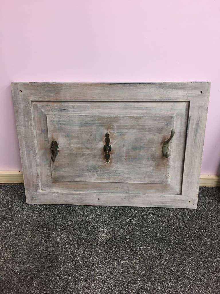 3 Vintage Coat Hooks on Solid Pine Cupboard Door Dry Paint Effect Coat Rack