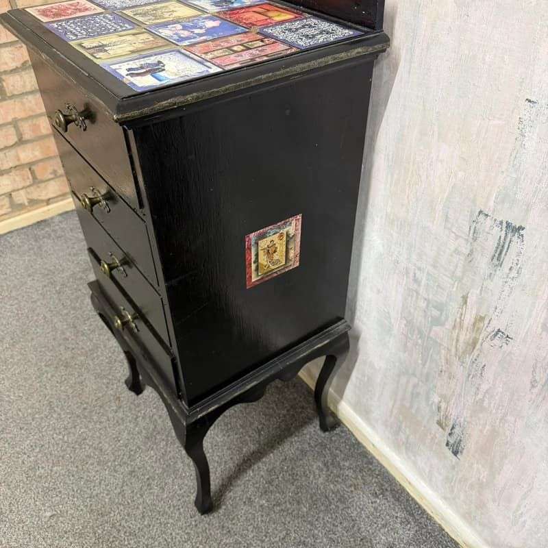 Black Painted 4 Drawer Night Stand Decoupage Top And Sides Cabriole Legs