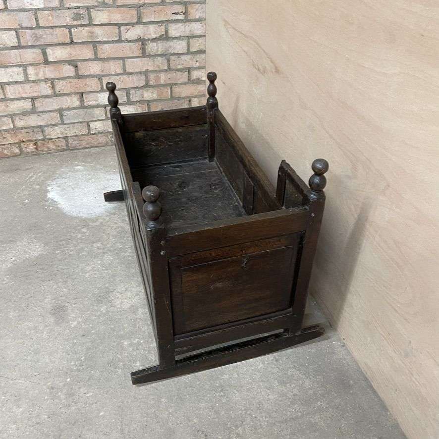 Antique Victorian Dark Oak Rocking Crib Gothic Style Finials