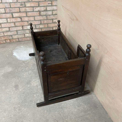 Antique Victorian Dark Oak Rocking Crib Gothic Style Finials