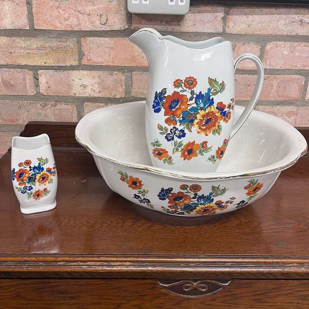 Vintage Rubian Art Pottery Jug Bowl &amp; Pot Orange Floral Design