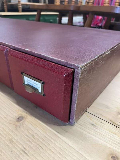 Vintage 6 Red Faux Leather Covered Filing Drawers Brass Handles Label Holders