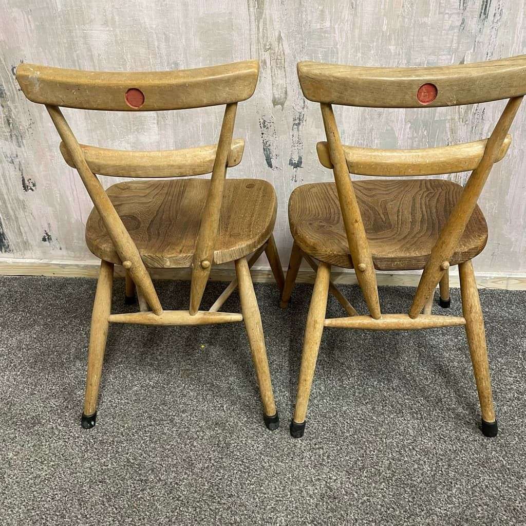 Pair Ercol Mid Century Red Dot Ash &amp; Elm Children’s Chairs Stacking