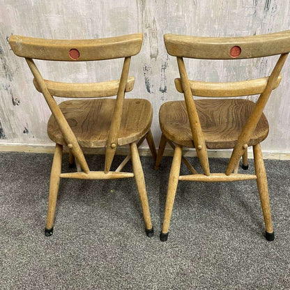 Pair Ercol Mid Century Red Dot Ash &amp; Elm Children’s Chairs Stacking