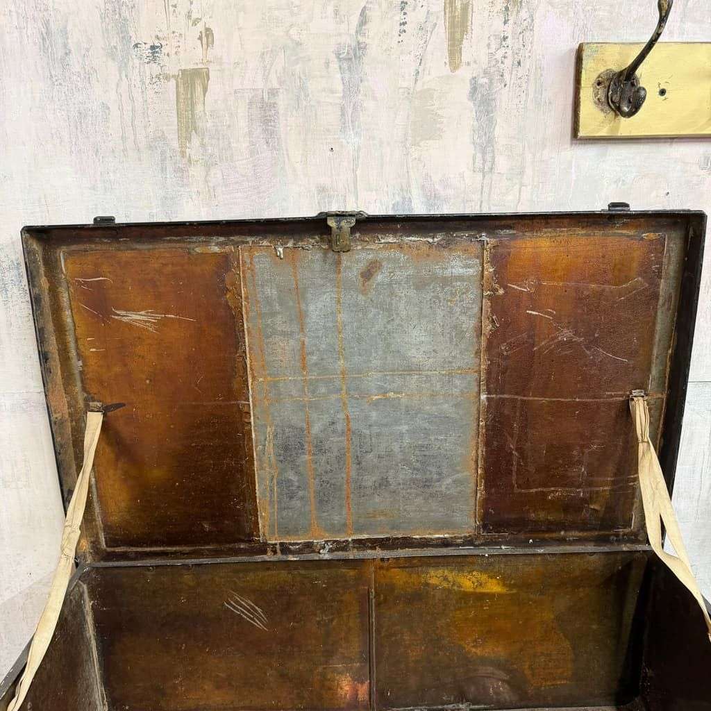 Large Vintage Solicitors Black Metal Deed Chest Coffee Table TV Stand