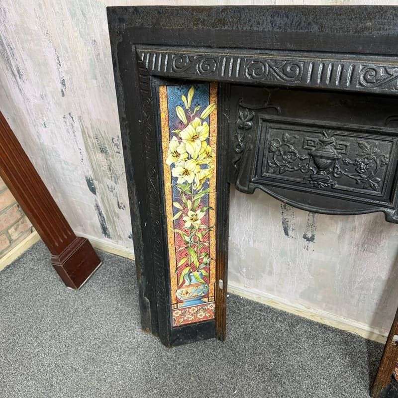 Vintage Cast Iron Tiled Fire Surround Floral Pattern Ornate Design Heavy