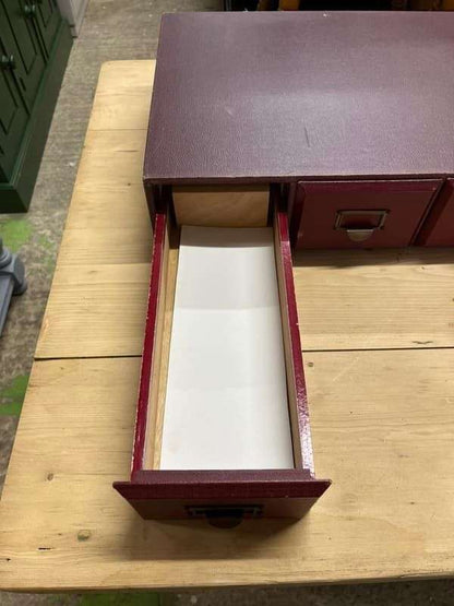 Vintage 6 Red Faux Leather Covered Filing Drawers Brass Handles Label Holders