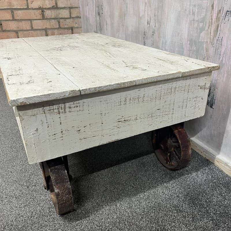 Vintage French Style Wooden Coffee Table Metal Industrial Wheels Painted White