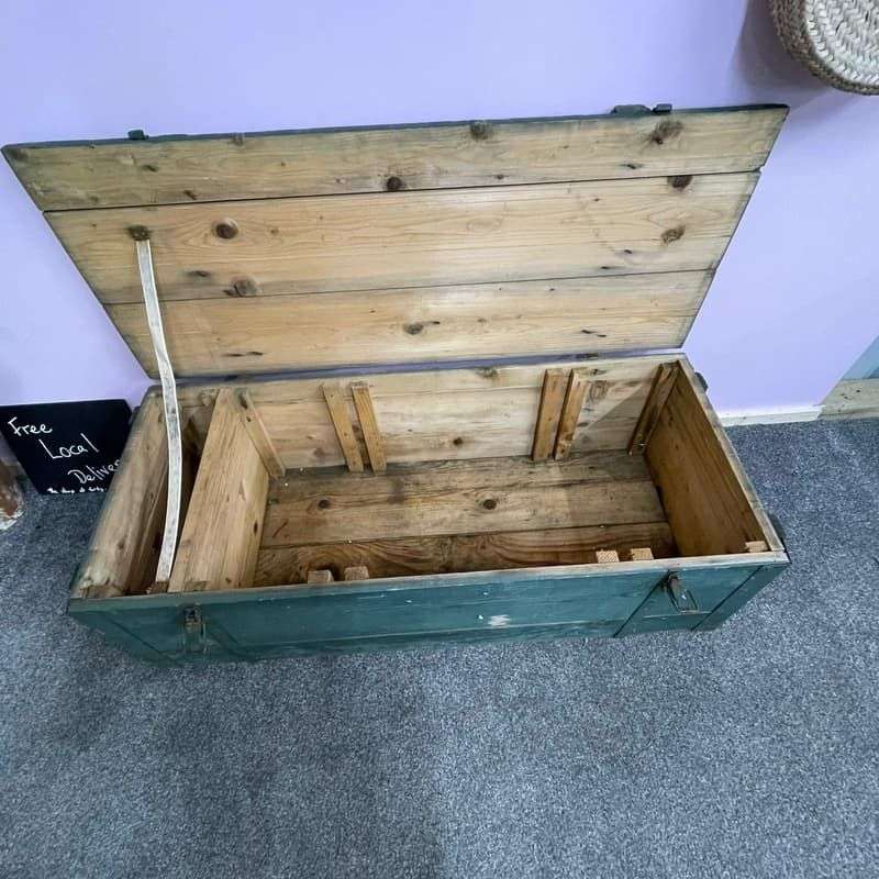 Vintage Large Wooden Trunk Toolbox Hinged Lid with Catches Coffee Side Table