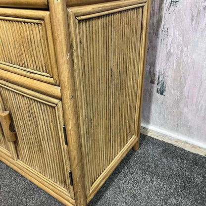 Vintage Bamboo Arched Shelving Unit Drawer Double Cupboard Lattice Back