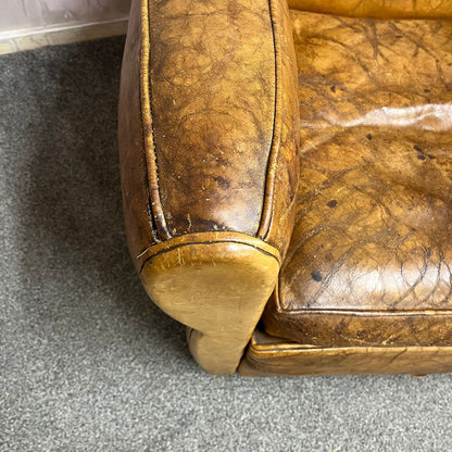 Vintage Rustic Tan Leather Low Armchair Great Patina Studded Back