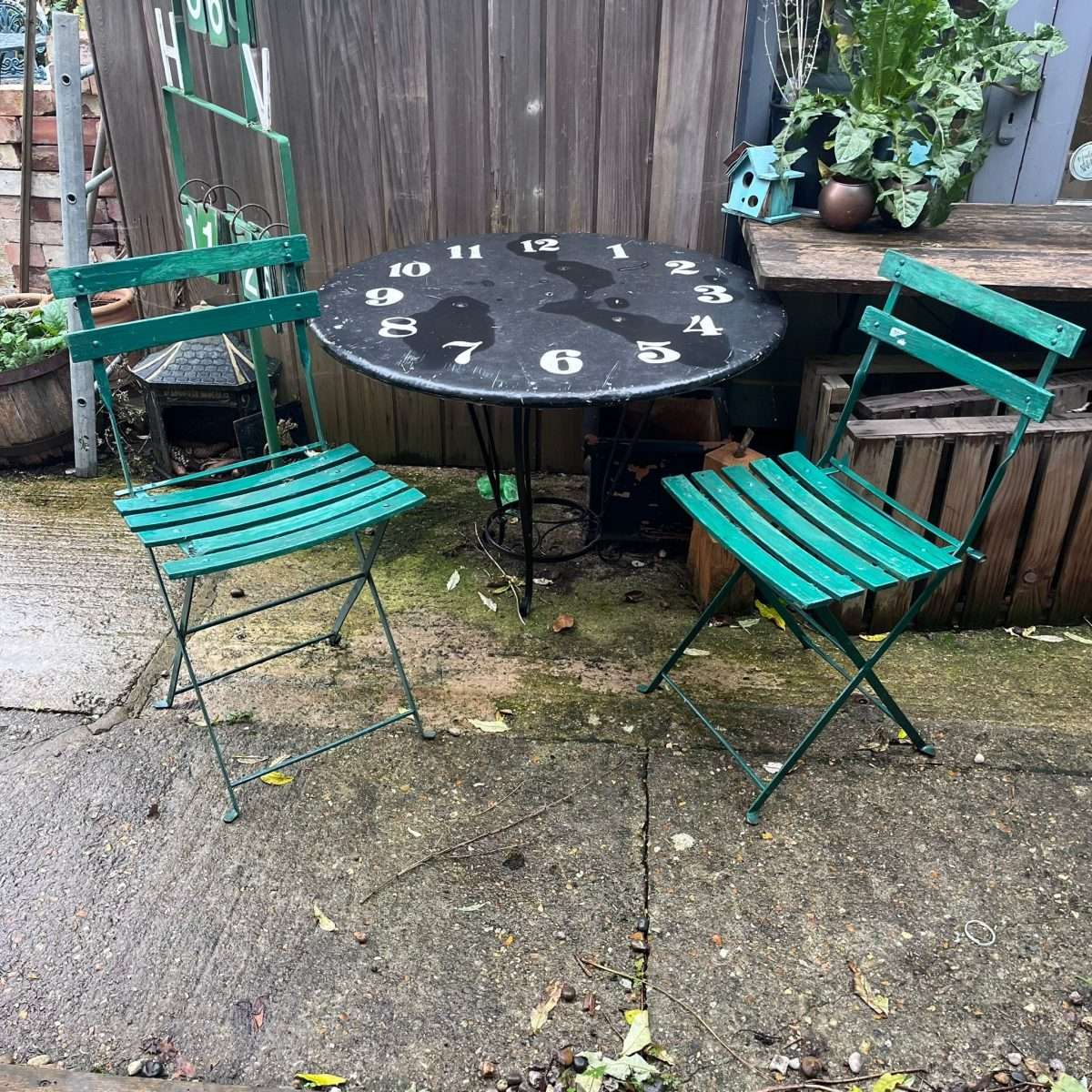 Vintage Pair Green Folding Garden Chairs Slatted Seat And Back