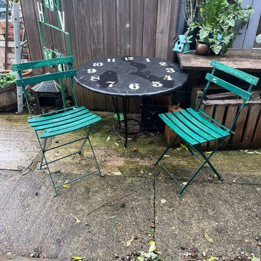 Vintage Pair Green Folding Garden Chairs Slatted Seat And Back
