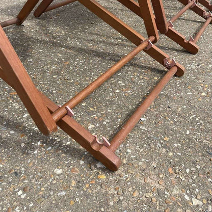 3x Retro Wooden Deckchairs Green Floral Fabric Sturdy Pool Chairs