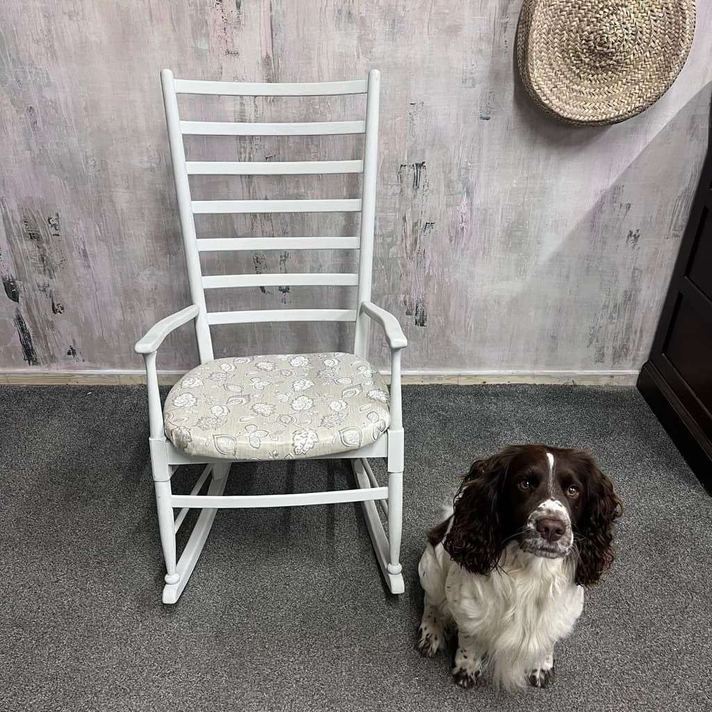 Vintage Wooden Rocking Chair Painted White Upholstered Seat Ladder Back