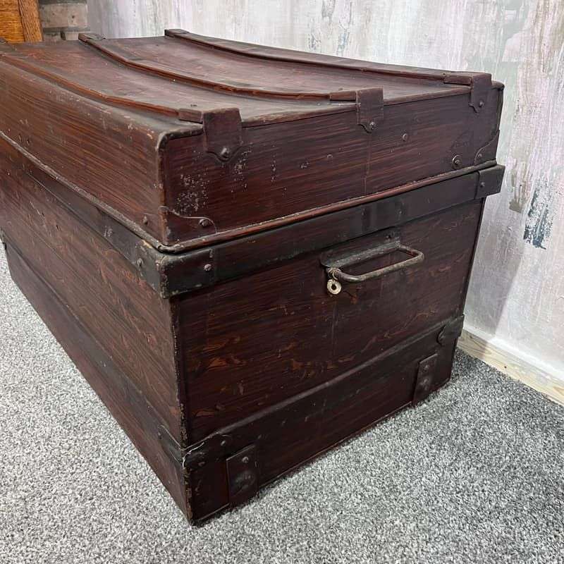 Vintage Metal Large Tin Trunk Side Handles Wood Grain Effect