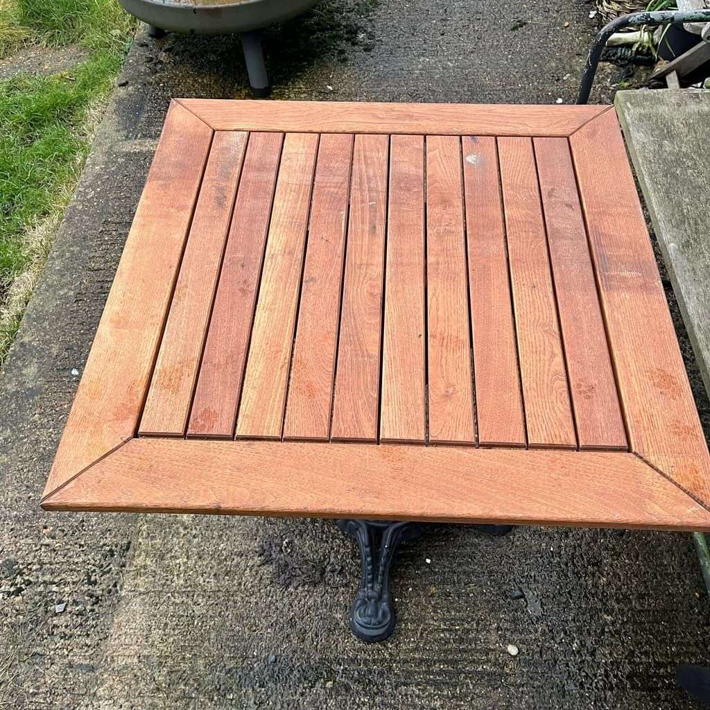 Teak Slatted Top Garden Table Black Wrought Iron Ornate Iron Base