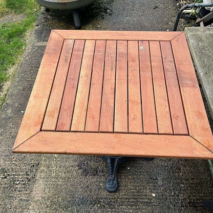 Teak Slatted Top Garden Table Black Wrought Iron Ornate Iron Base