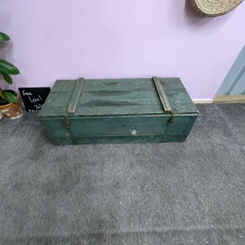 Vintage Large Wooden Trunk Toolbox Hinged Lid with Catches Coffee Side Table