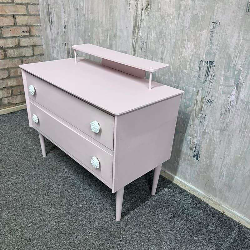Vintage Painted Pink Retro Small Dressing Table 2 Drawers Top Shelf