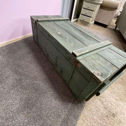 Vintage Large Wooden Trunk Toolbox Hinged Lid with Catches Coffee Side Table