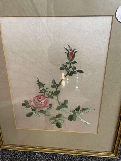 Set of Three Framed Silk Floral Tapestries