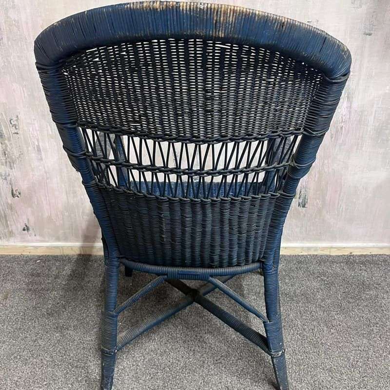 Vintage Lloyd Loom Cane Conservatory Chair Painted Dark Blue High Back Patina