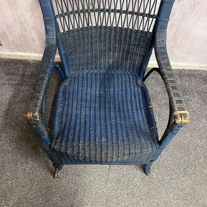 Vintage Lloyd Loom Cane Conservatory Chair Painted Dark Blue High Back Patina
