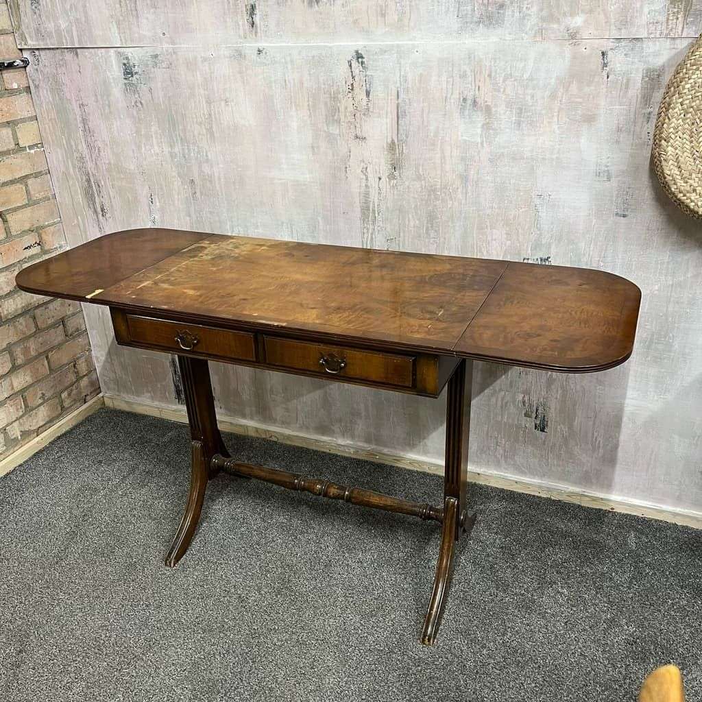 Antique Walnut Side Console Table Drop Leaf Two Drawers Desk