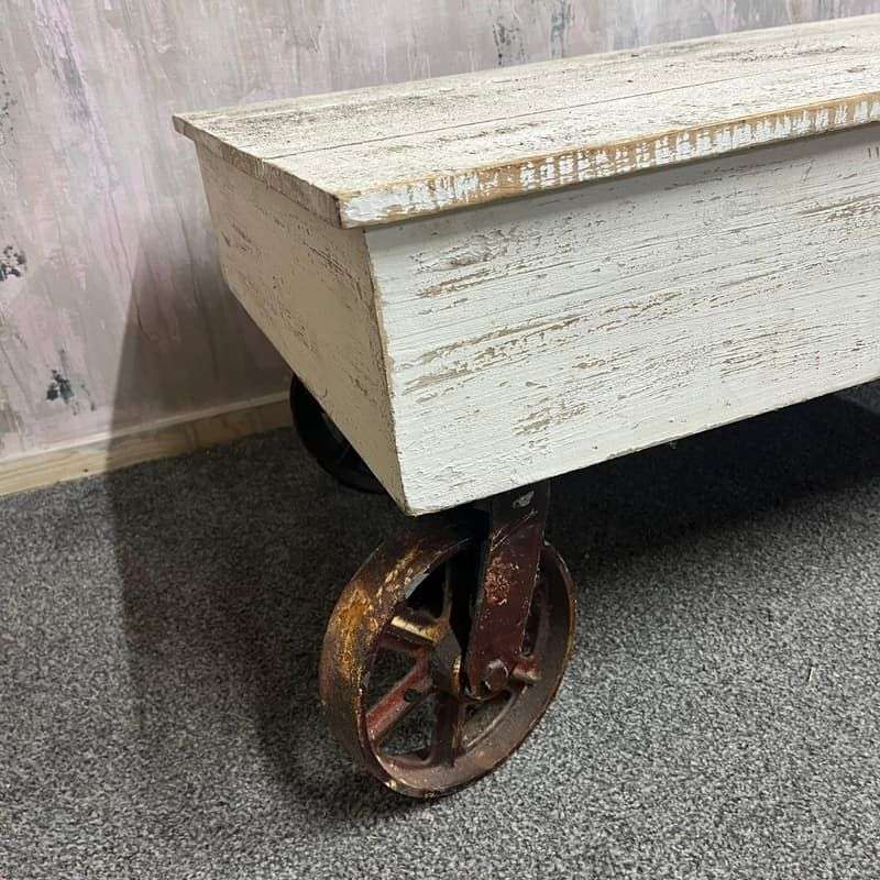 Vintage French Style Wooden Coffee Table Metal Industrial Wheels Painted White