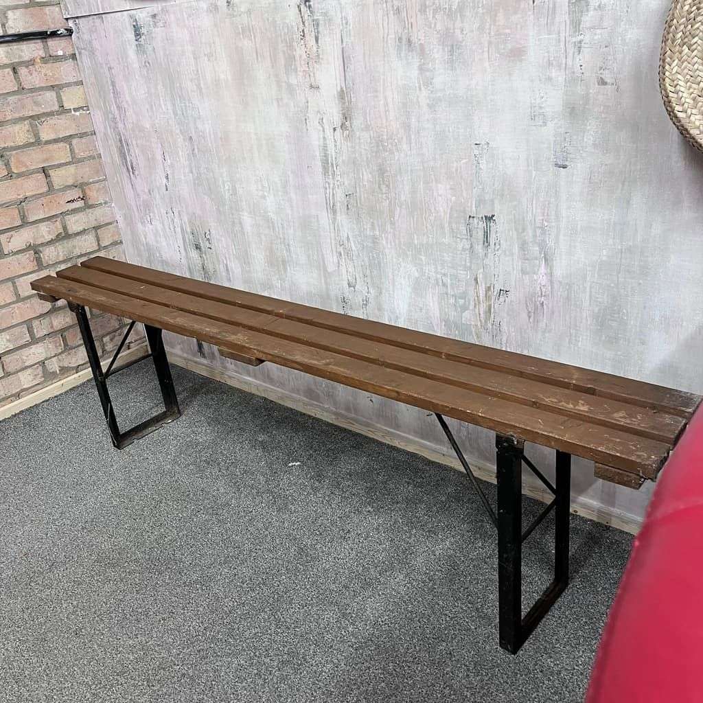 Vintage Folding Trestle Bench Stained Slatted Top Metal Legs Great Patina