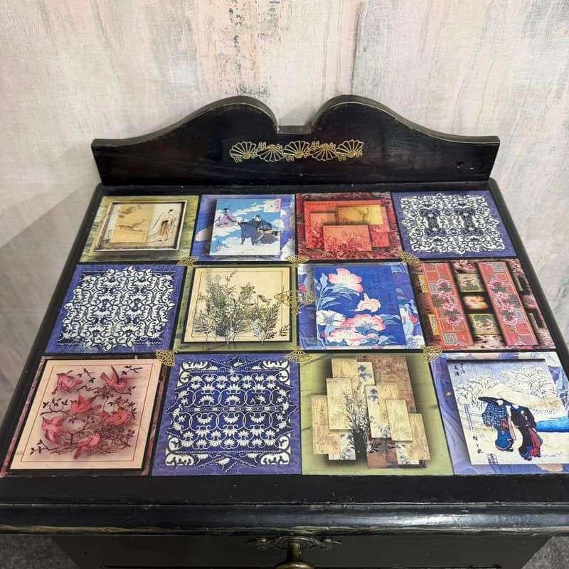 Black Painted 4 Drawer Night Stand Decoupage Top And Sides Cabriole Legs