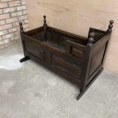 Antique Victorian Dark Oak Rocking Crib Gothic Style Finials
